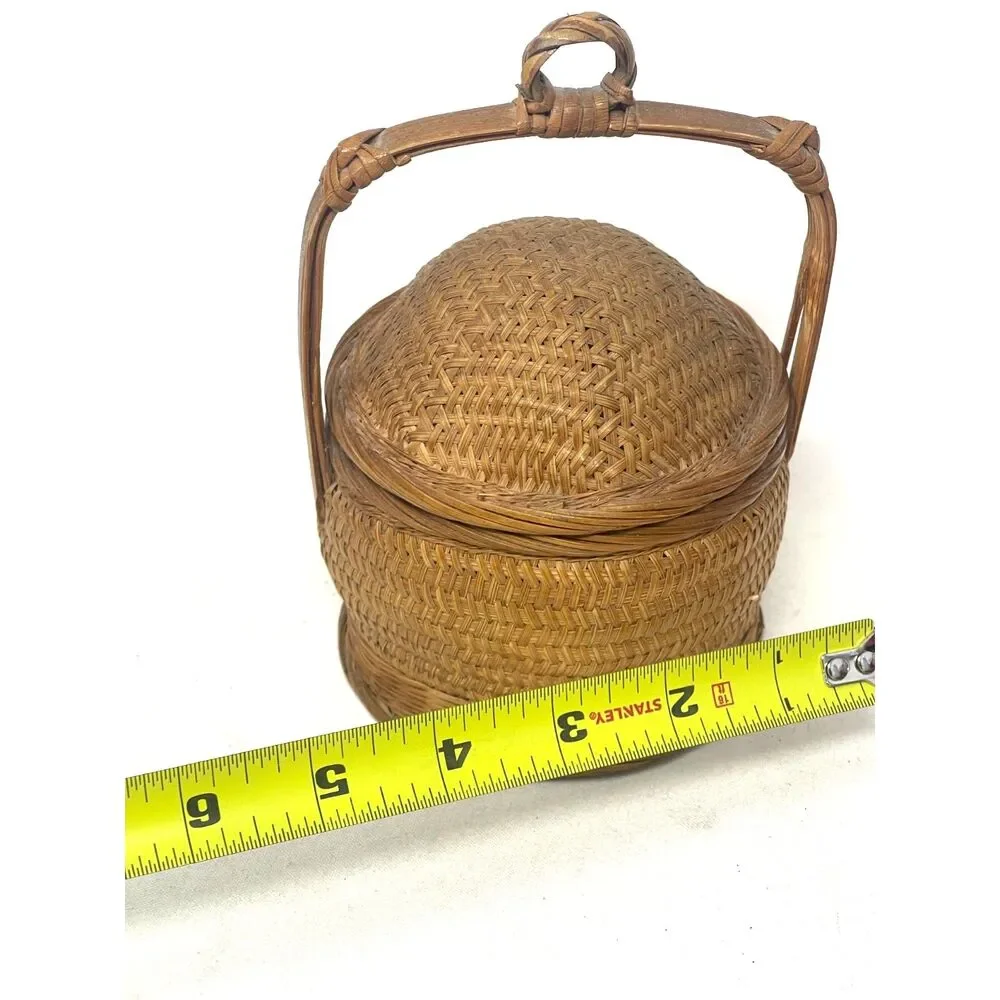 Miniature Vintage Wedding Basket Bamboo Wicker Woven Asian Chinese w/Lid Antique